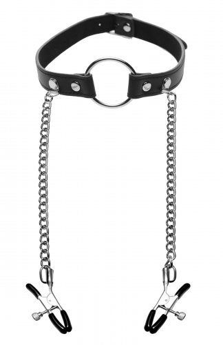 מחסום פה גאג רינג עם זוג מצבטי פטמות XR Brands - Seize O-Ring Gag with Nipple Clamps